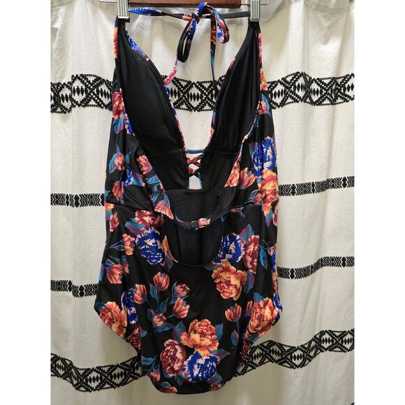 Modcloth floral one piece swimsuit deep v-neck open back XL - Picture 6 of 10